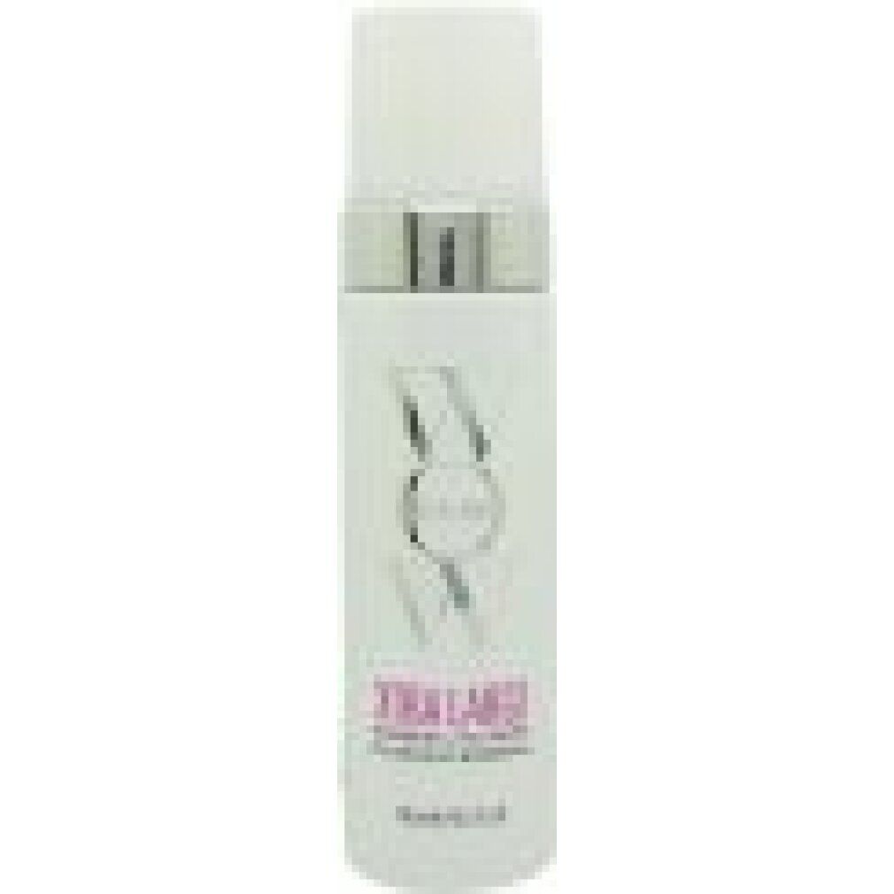 Flacone bianco con anello argentato e logo argentato. Scritta rosa "Tria Labe".