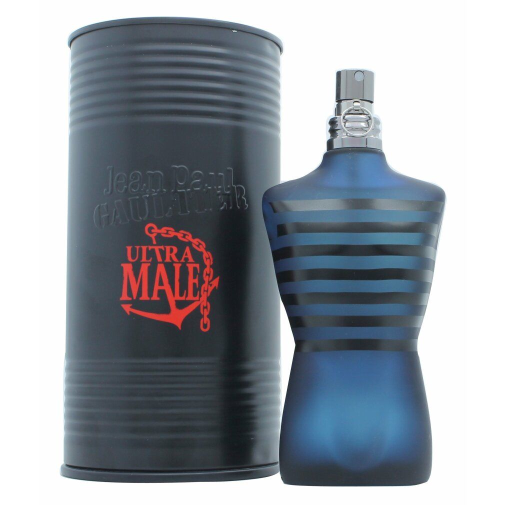 Flacone blu a forma di corpo maschile, accanto a scatola cilindrica con scritta Ultra Male. Su sfondo bianco.