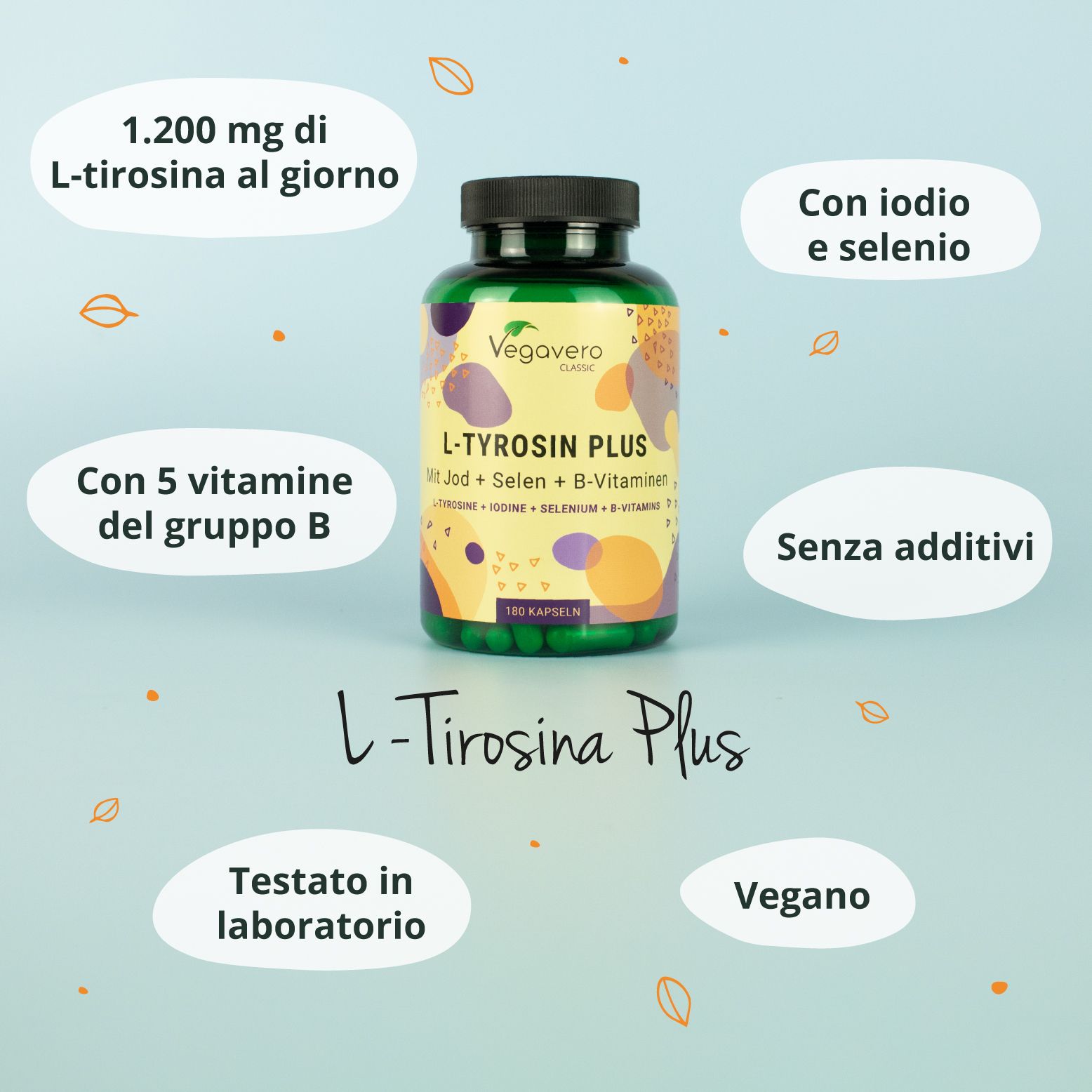 Flacone con etichetta del prodotto, circondato da caselle di testo. Testo: 1.200 mg di L-Tirosina al giorno, Con iodio e selenio, ecc.