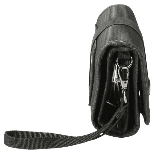 Vista laterale di un astuccio nero per medicinali chiuso con moschettone.