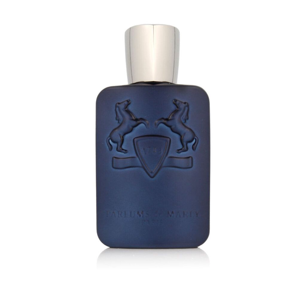 Flacone blu scuro con tappo argentato e goffratura. Logo e scritta sul flacone.