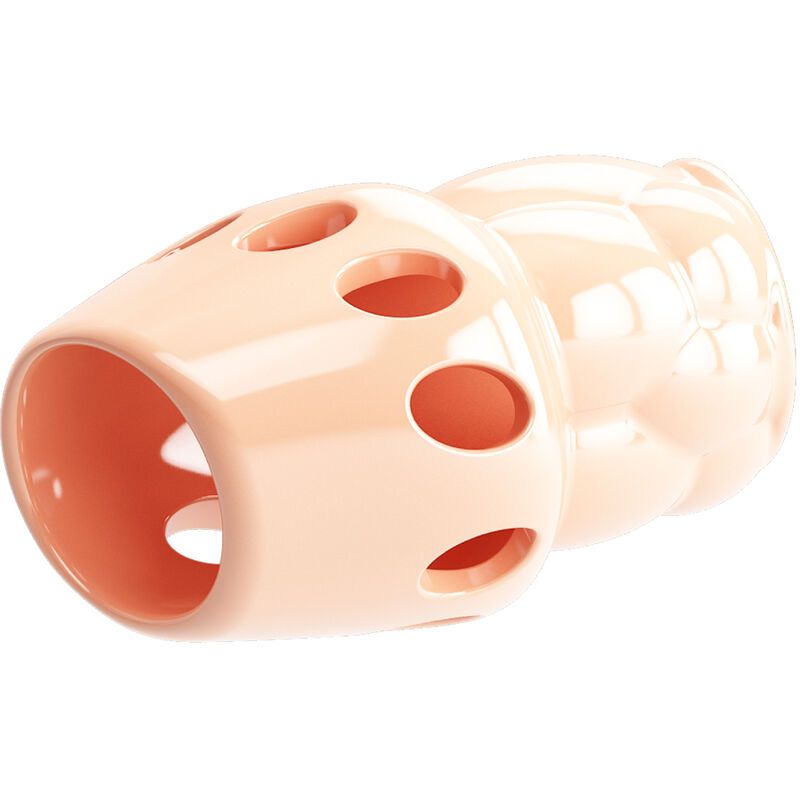 Custodia per pene color carne con fori. Formata da una base e una parte superiore forata. In plastica.