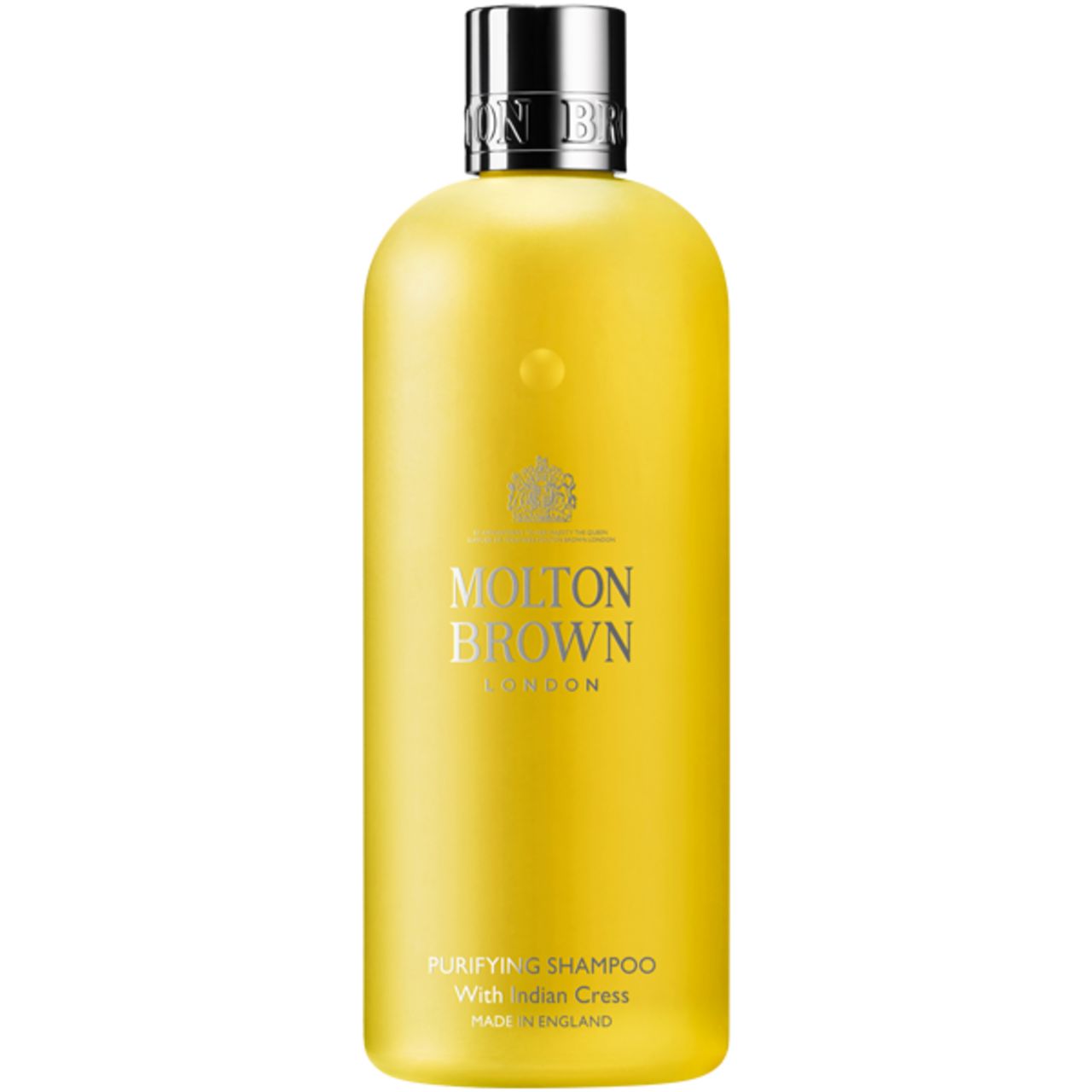 Flacone giallo con tappo argentato. Scritta: Molton Brown London, Purifying Shampoo, Made in England.
