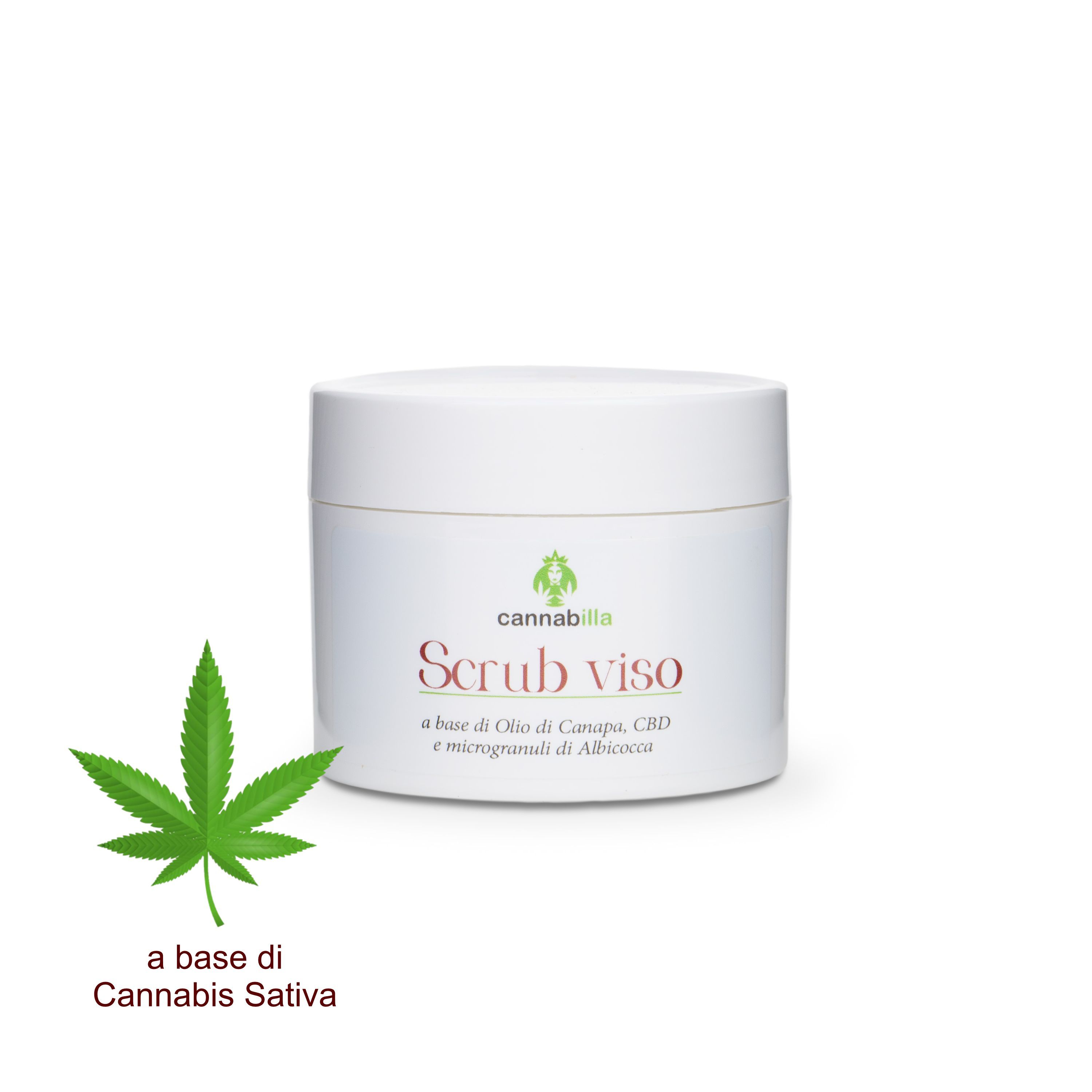 Vaso bianco "Scrub viso" con foglia di canapa. Logo "cannabilla". Testo: "a base di Cannabis Sativa".