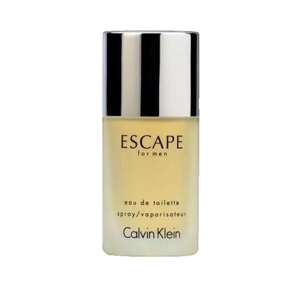 Flacone di Calvin Klein Escape for men. Forma cilindrica, tappo argentato. Nome del prodotto e marchio sul flacone.