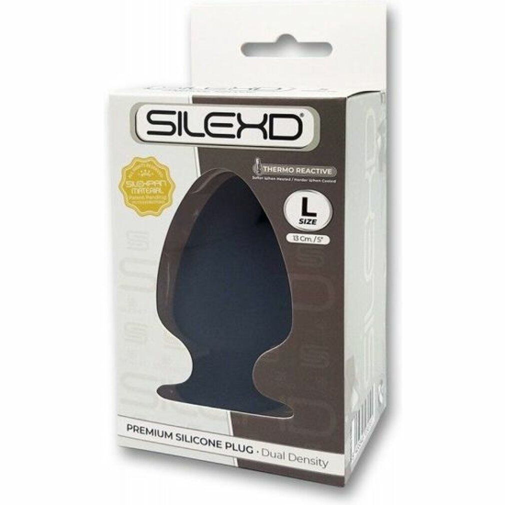 Plug in silicone nero in confezione. Marchio SILEXD, taglia L. Informazioni sul prodotto sulla confezione.