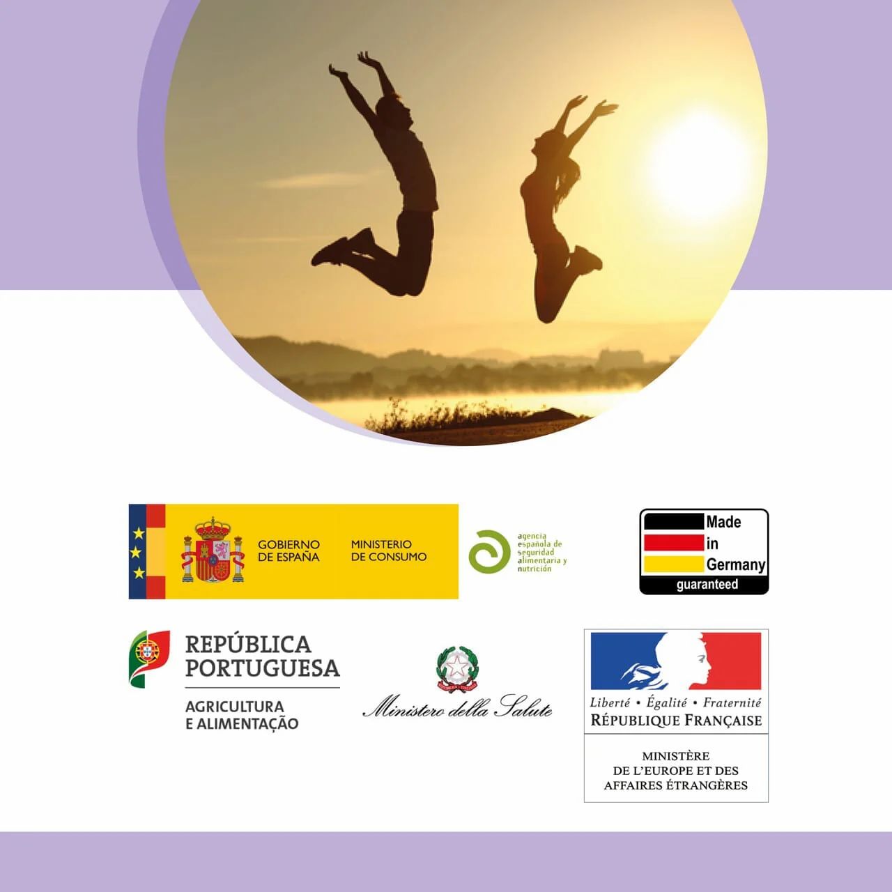 Loghi di varie istituzioni, tra cui il Ministero della Salute spagnolo e il Ministero degli Affari Esteri francese.