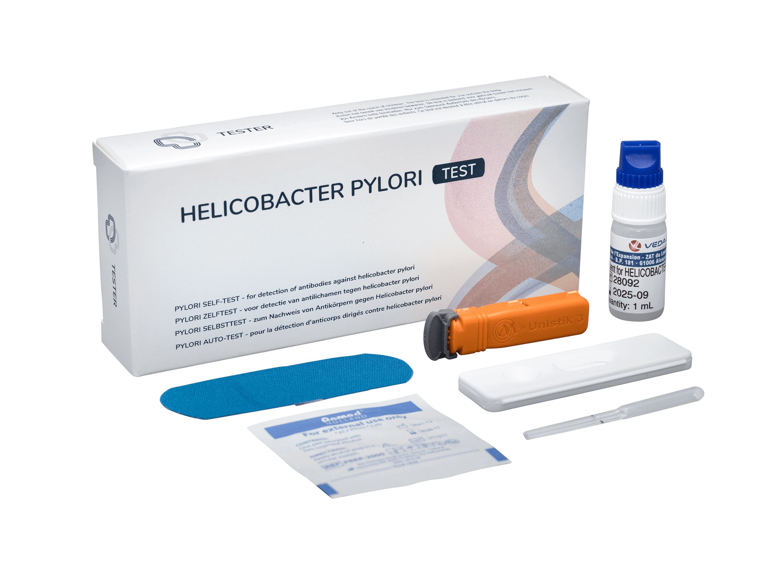 Kit di test Helicobacter Pylori con tutti i componenti: cassetta di test, provetta, tampone, istruzioni e soluzione tampone.