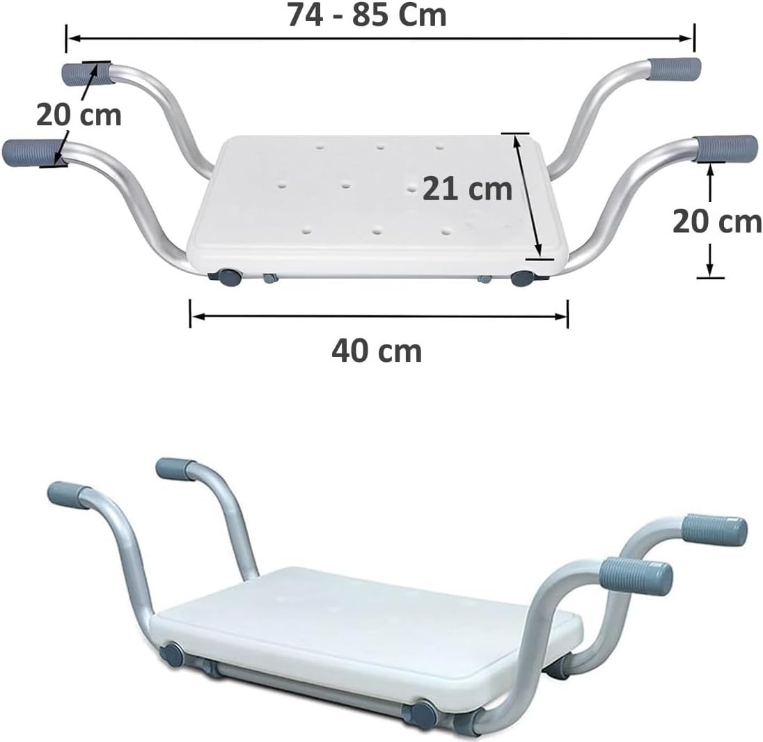 Sedile vasca con misure. Seduta 21x40cm, maniglie 20cm. Larghezza regolabile 74-85cm.