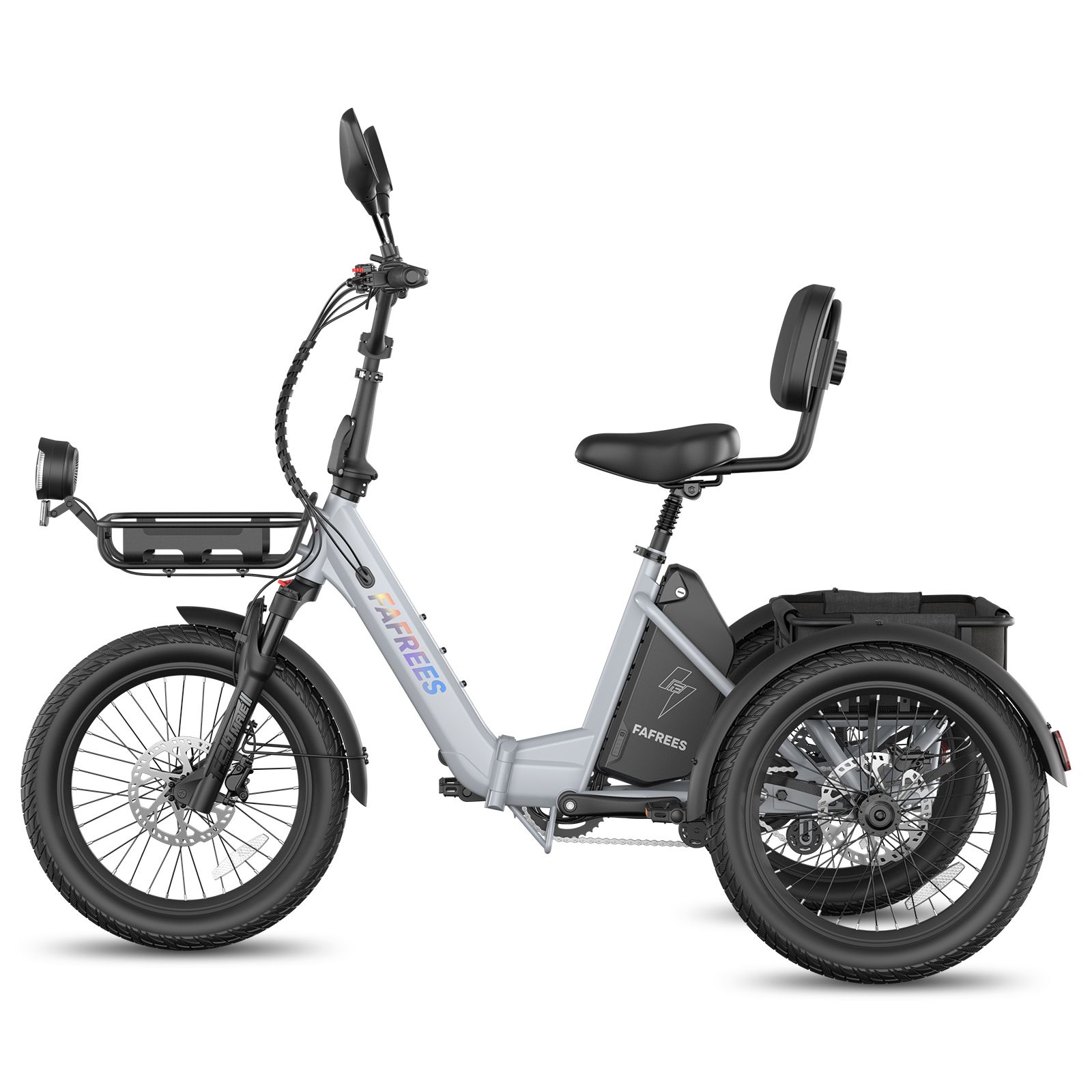 Triciclo elettrico grigio con cestino, specchietti e portapacchi. Pneumatici e sedile neri. Marchio FAFREES.