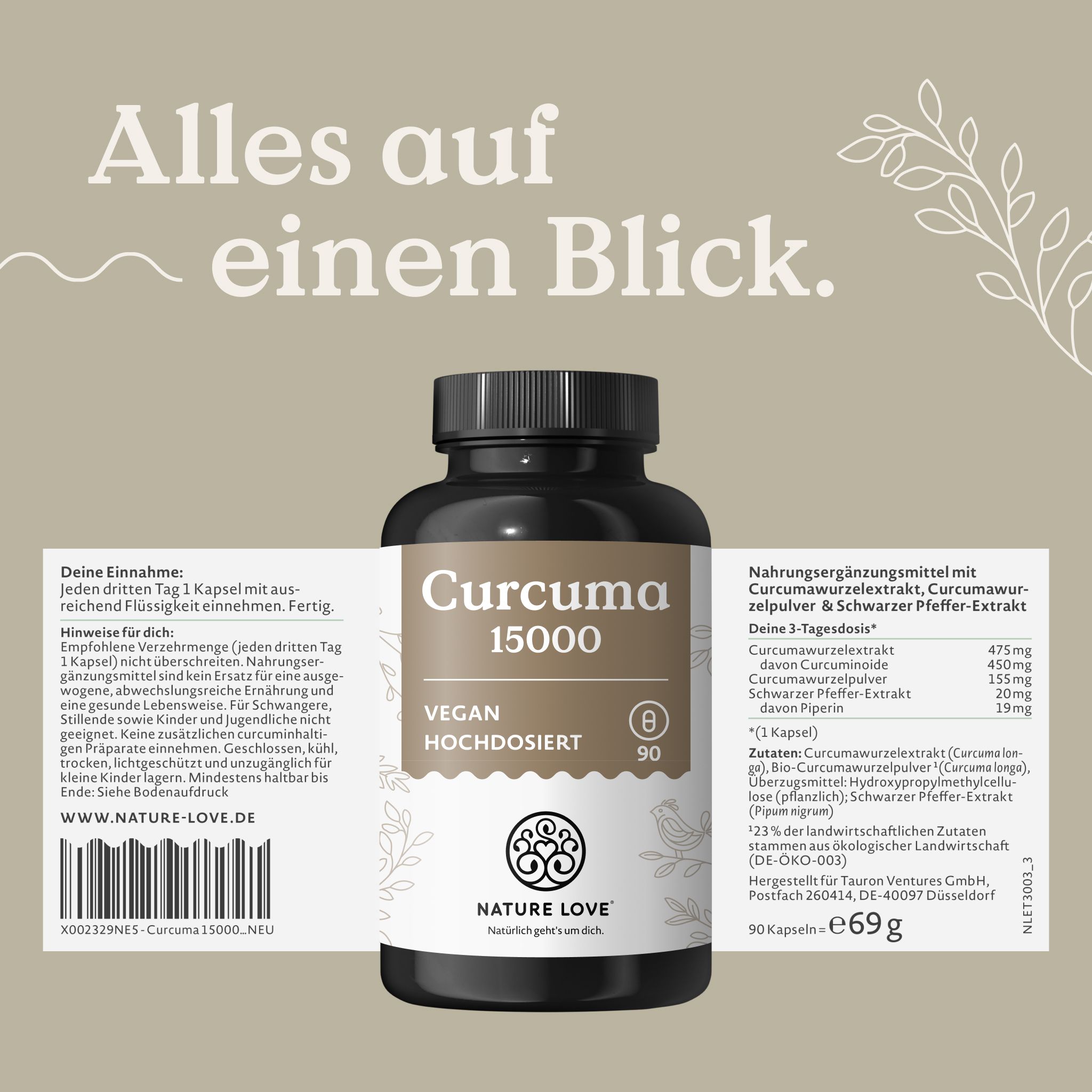 Flacone scuro Curcuma 15000, vegano, ad alta dose. Foglio illustrativo con istruzioni e valori nutrizionali.