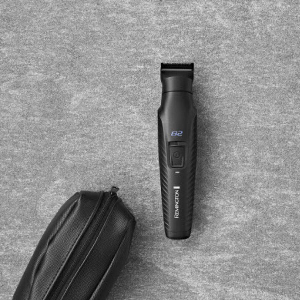 Trimmer nero e custodia nera su sfondo grigio. Trimmer con logo G2 e logo Remington.