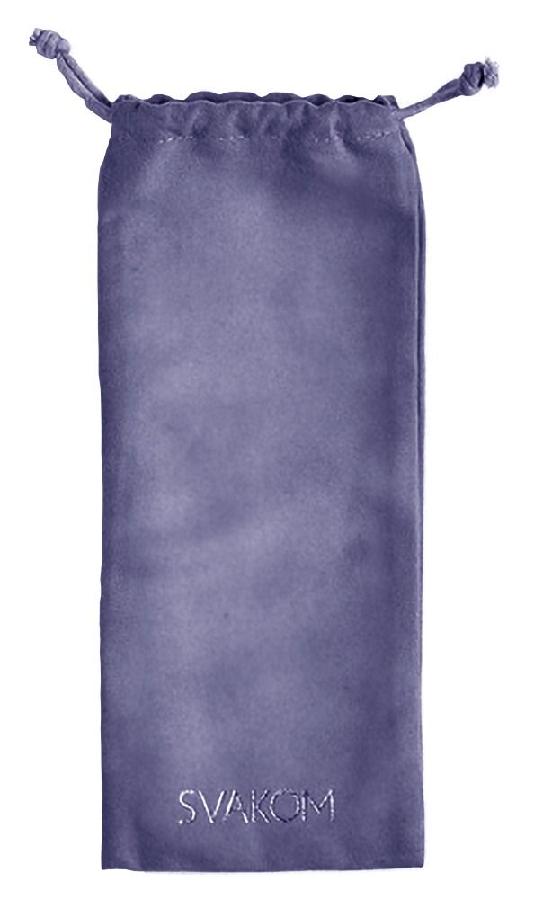 Sacchetto di stoffa viola con chiusura a coulisse e logo SVAKOM ricamato.