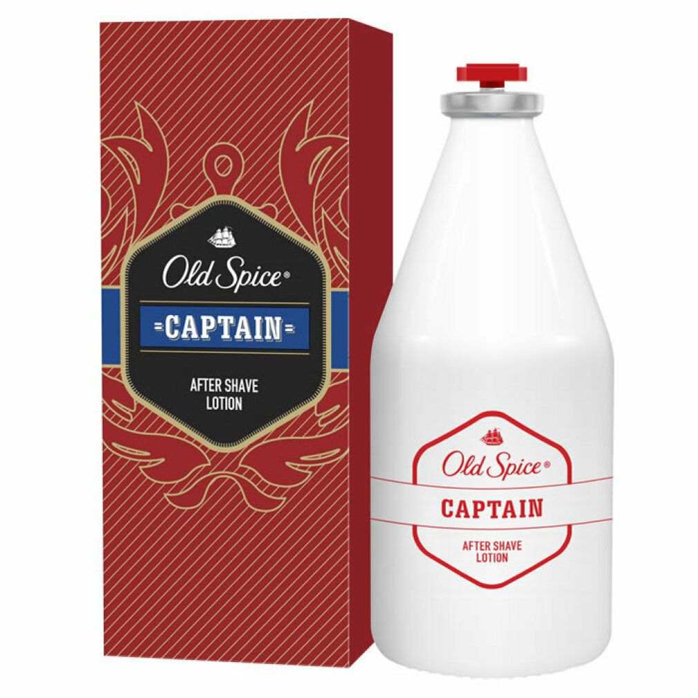 Flacone bianco e confezione rossa. Scritta: Old Spice Captain After Shave Lotion.