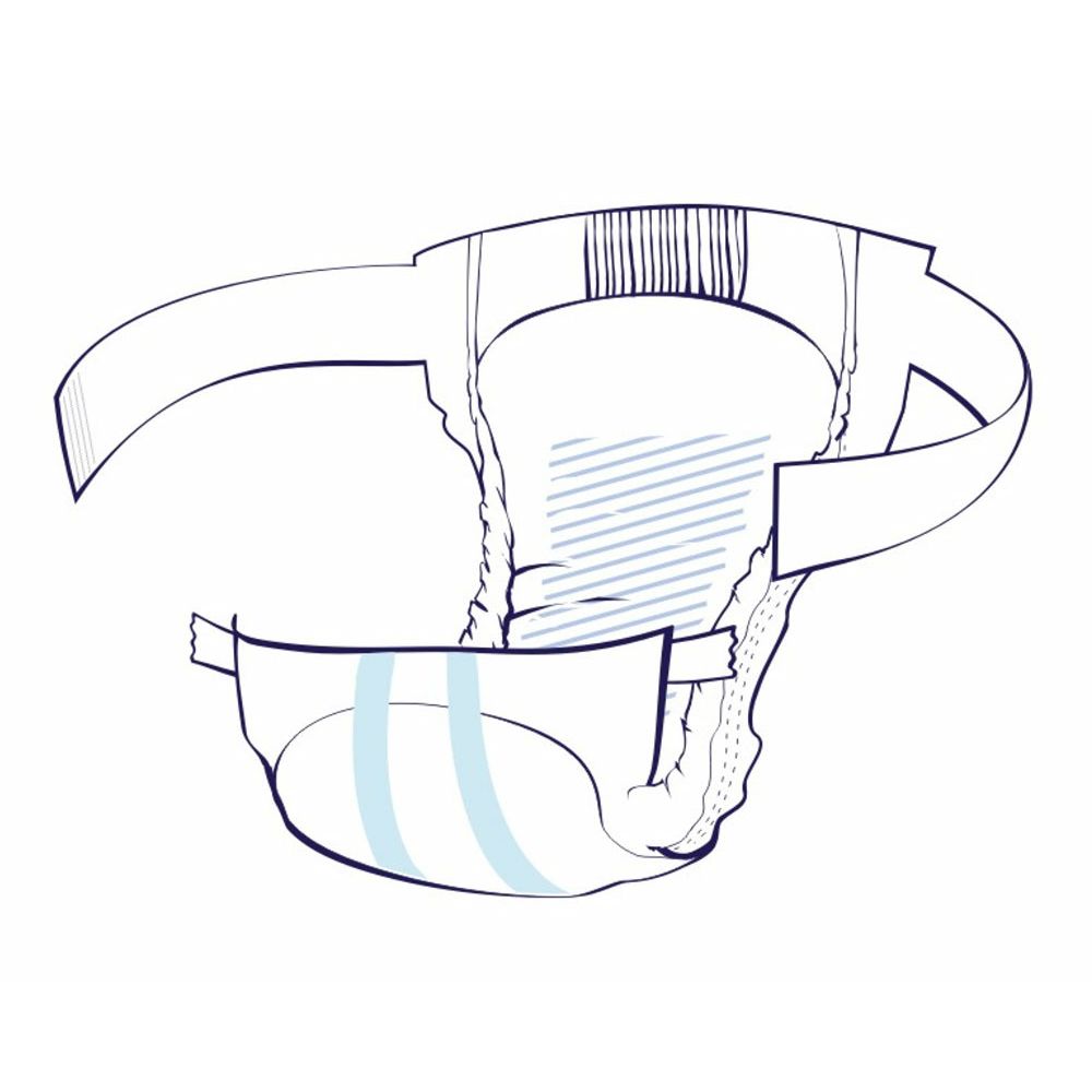 Prodotto per incontinenza con strisce blu e chiusure laterali. Prodotto mostrato aperto. Vista frontale.