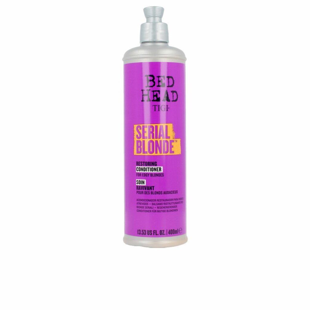 Flacone viola con tappo argentato. Scritta: Bed Head Tigi Serial Blonde. Restoring Conditioner.