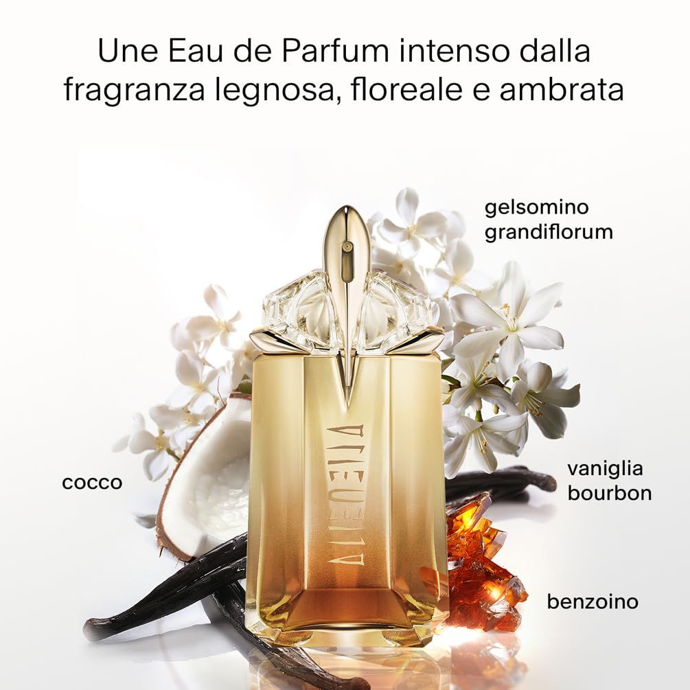 Flacone dorato con scritta "Alien". Il tappo dorato è appuntito. Fiori e cocco circondano il flacone.