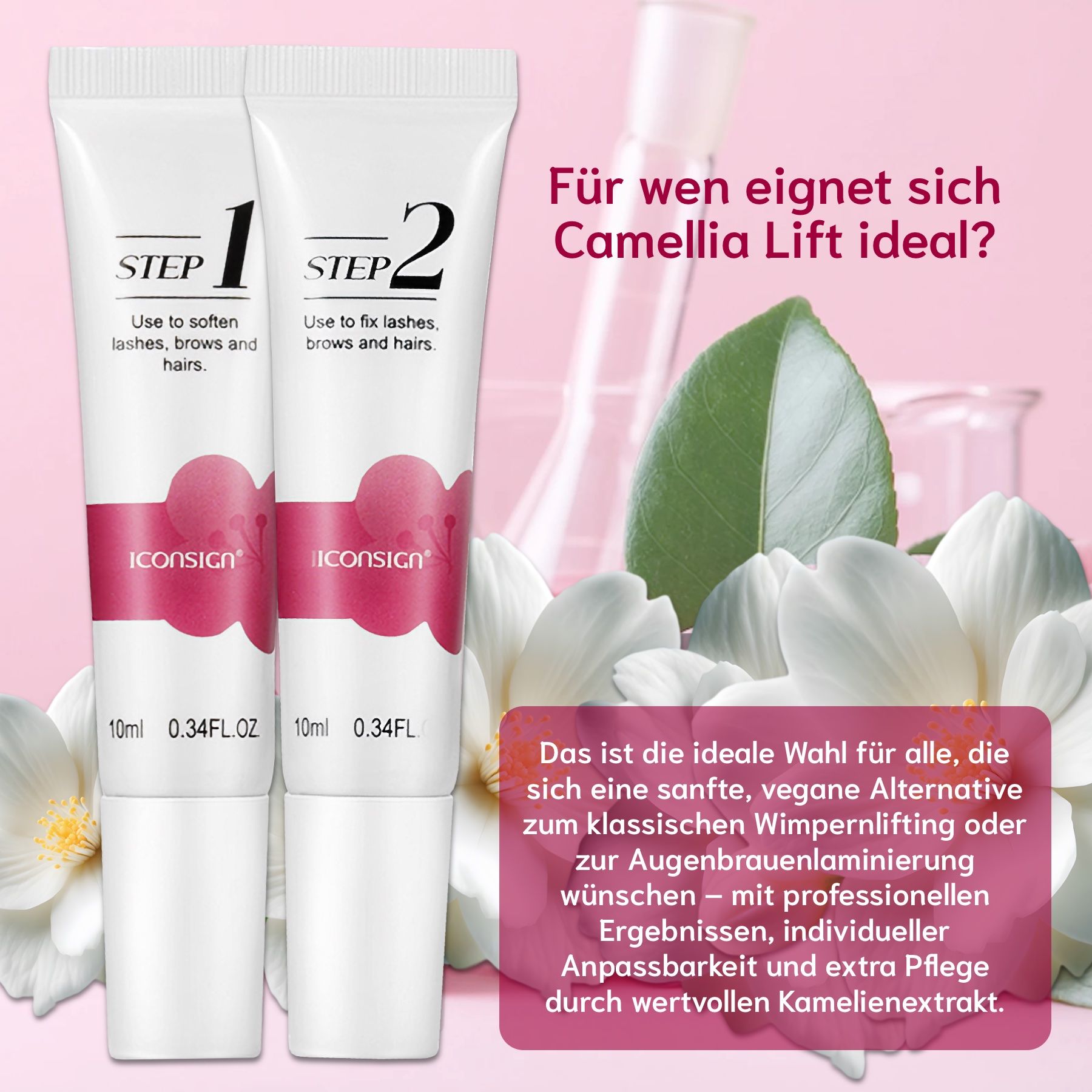 Due tubi di crema, 10 ml, con la scritta 'STEP 1' e 'STEP 2'. Marchio: Iconsign. Per ciglia e sopracciglia.