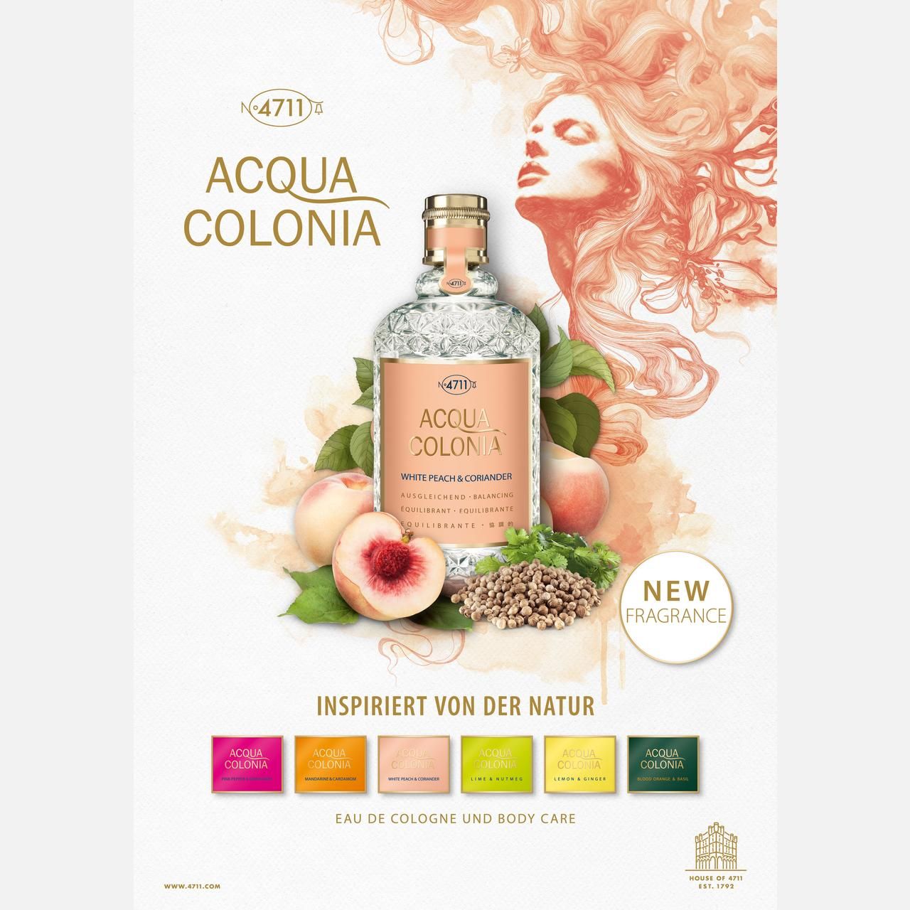 Poster pubblicitario con flacone, pesche, erbe e volto di donna. Scritta: Acqua Colonia, New Fragrance.