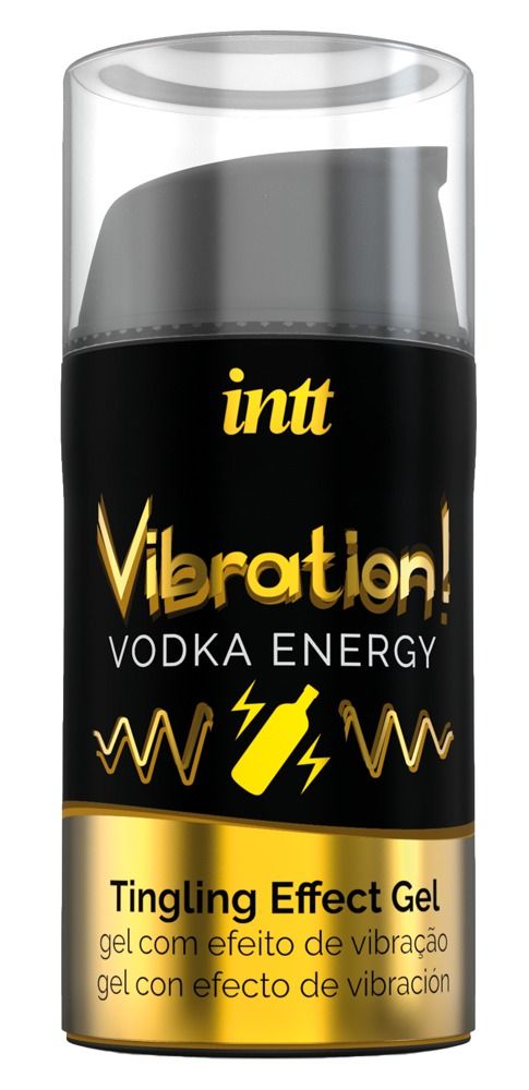 Flacone cilindrico con tappo nero. Scritta: INTT, Vibration! Vodka Energy, Tingling Effect Gel.
