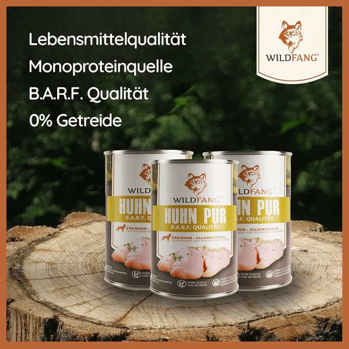 Tre lattine WILDFANG® Huhn Pur su ceppo d'albero. Testo: qualità alimentare, fonte di monoproteine, qualità B.A.R.F., 0% cereali.