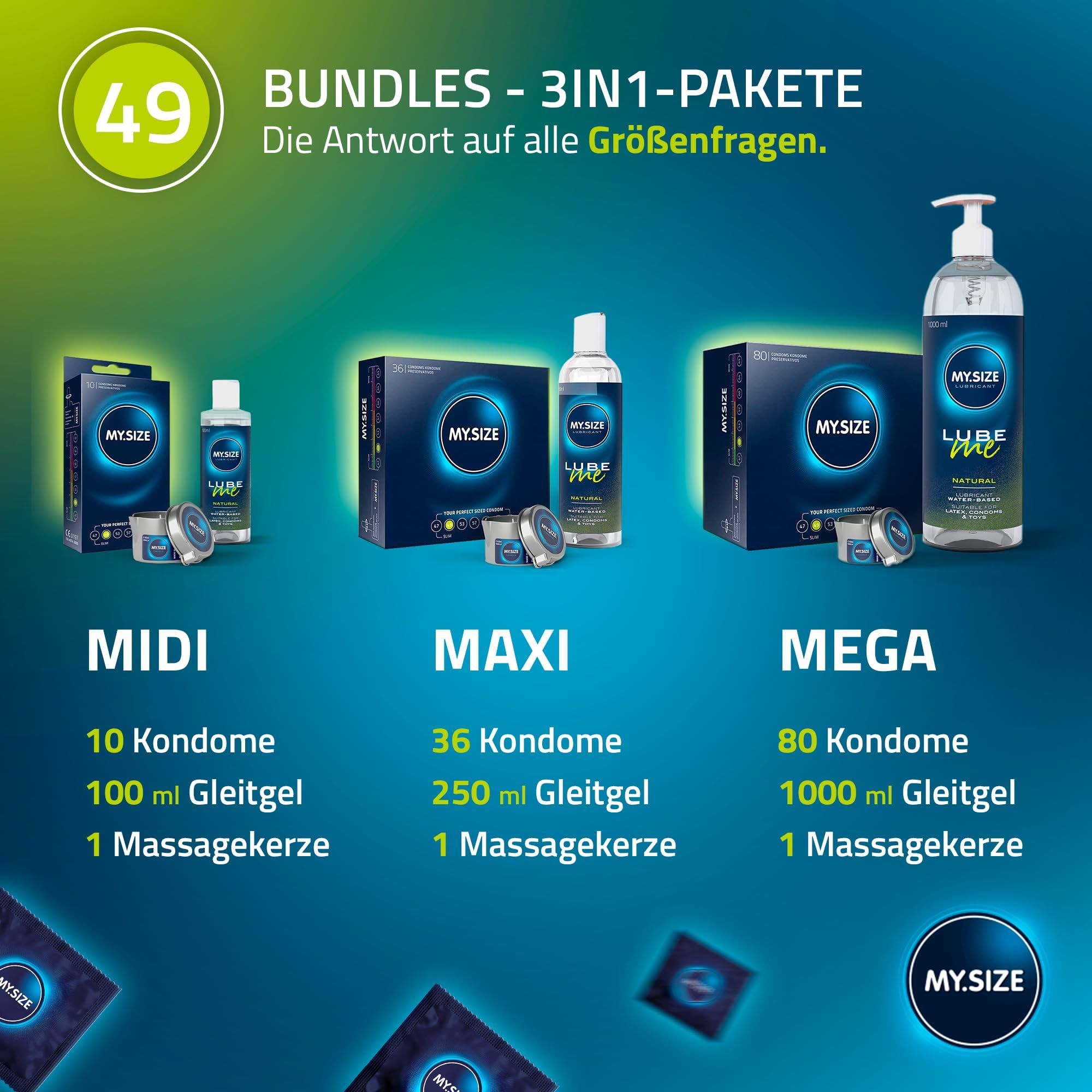 Tre bundle: MIDI (10 preservativi, 100ml lubrificante, 1 candela massaggio), MAXI (36, 250ml, 1), MEGA (80, 1000ml, 1).