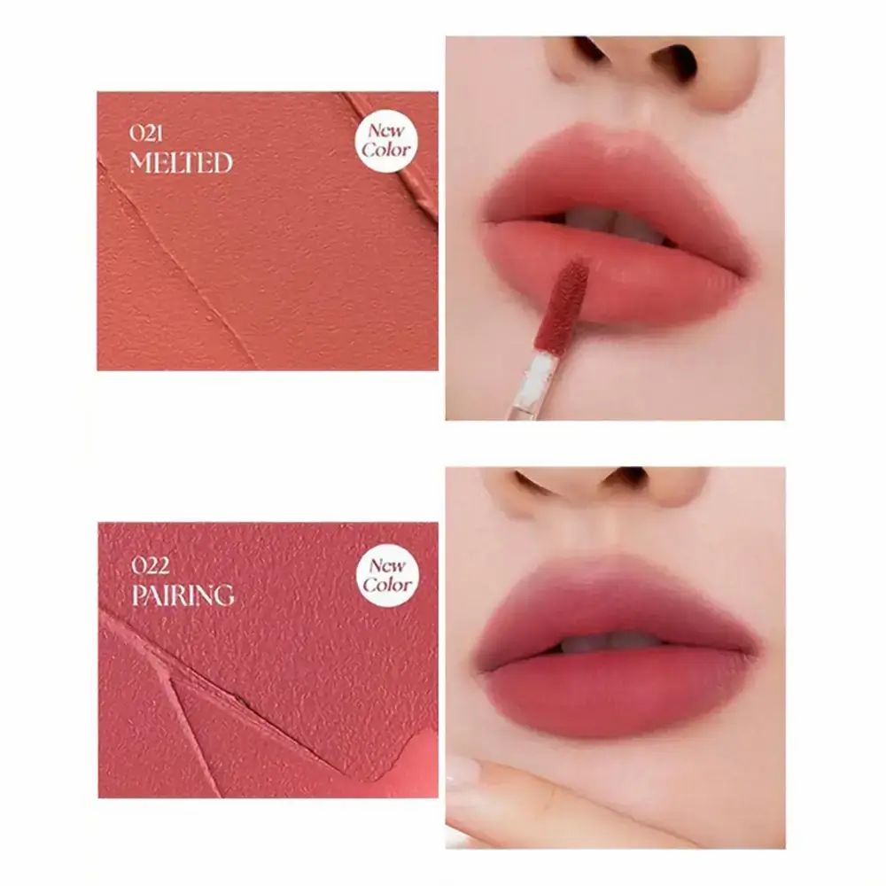 Due campioni di colore e labbra con MUZIGAE MANSION Objet Liquid Lip Tint. 021 Melted e 022 Pairing. Applicatore.