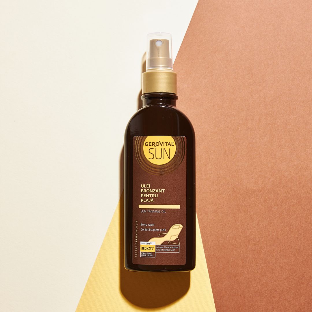 Olio abbronzante Gerovital Sun, flacone marrone con vaporizzatore. Scritta: Ulei Bronzant Pentru Plaja, Sun Tanning Oil. Sfondo: giallo e marrone.