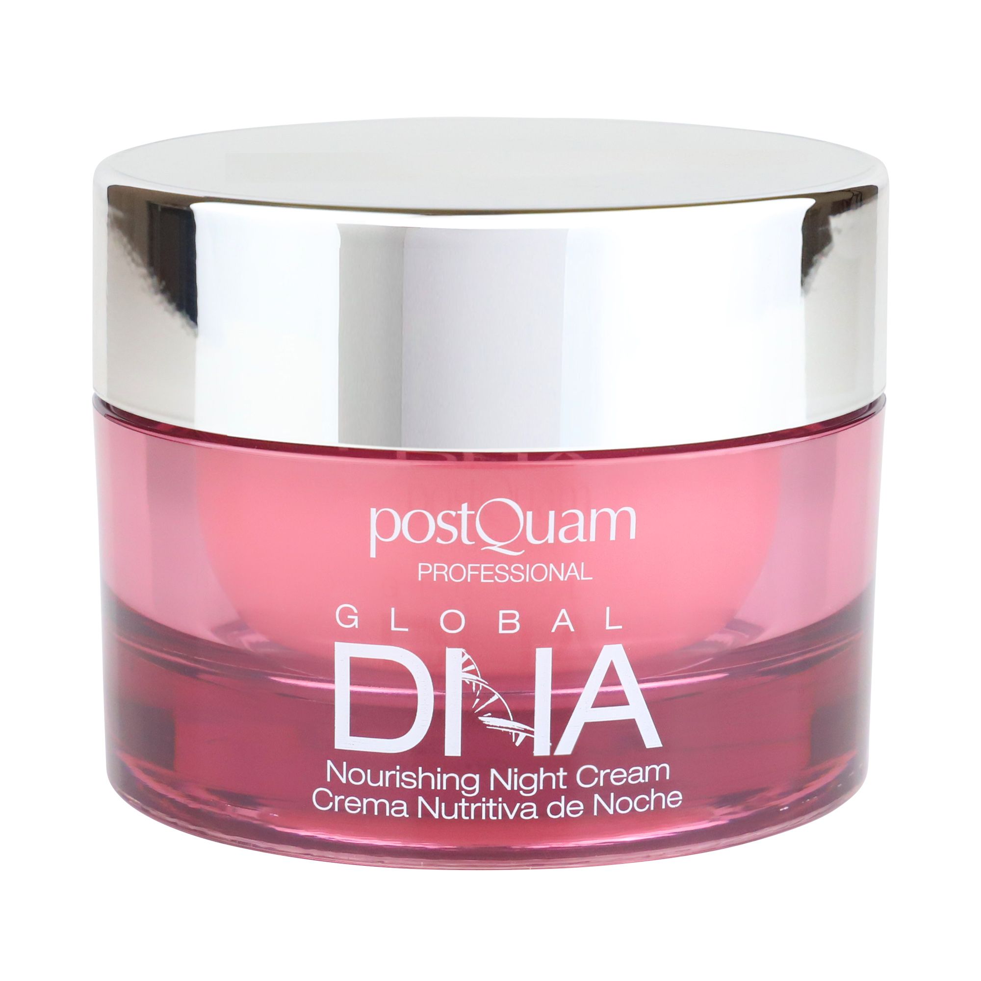 Vaso rotondo con coperchio argentato. Scritta: Postquam Professional DNA Nourishing Night Cream. Crema rosa nel vetro.