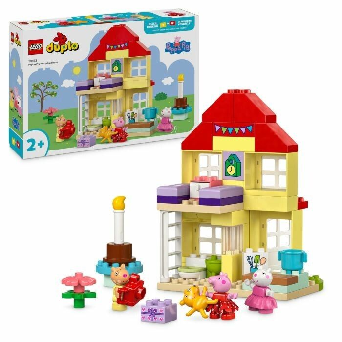 LEGO Duplo La casa del compleanno di Peppa Pig. Casa gialla, tetto rosso, personaggi, accessori. Scatola con logo ed età consigliata.