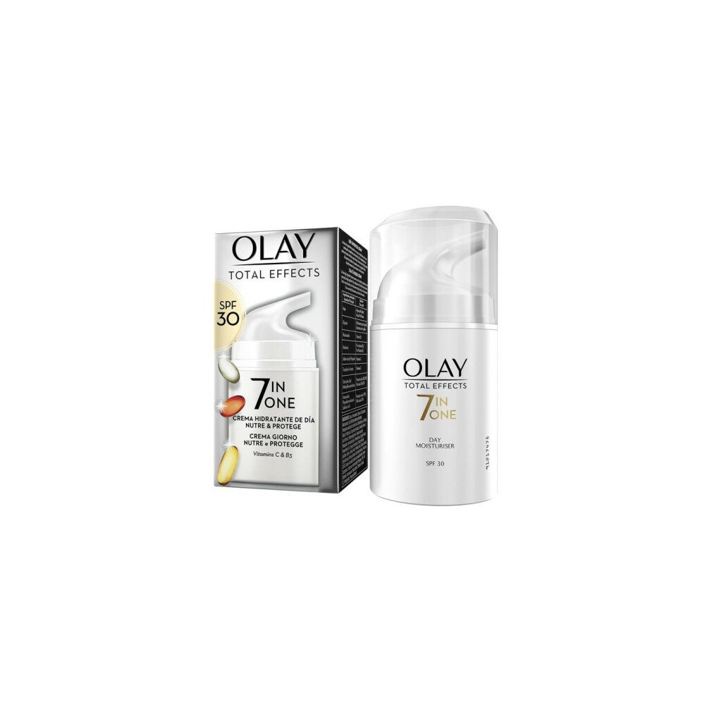 Olay Total Effects 7 in One crema giorno. Erogatore e confezione. Nome del prodotto e SPF 30 visibili.
