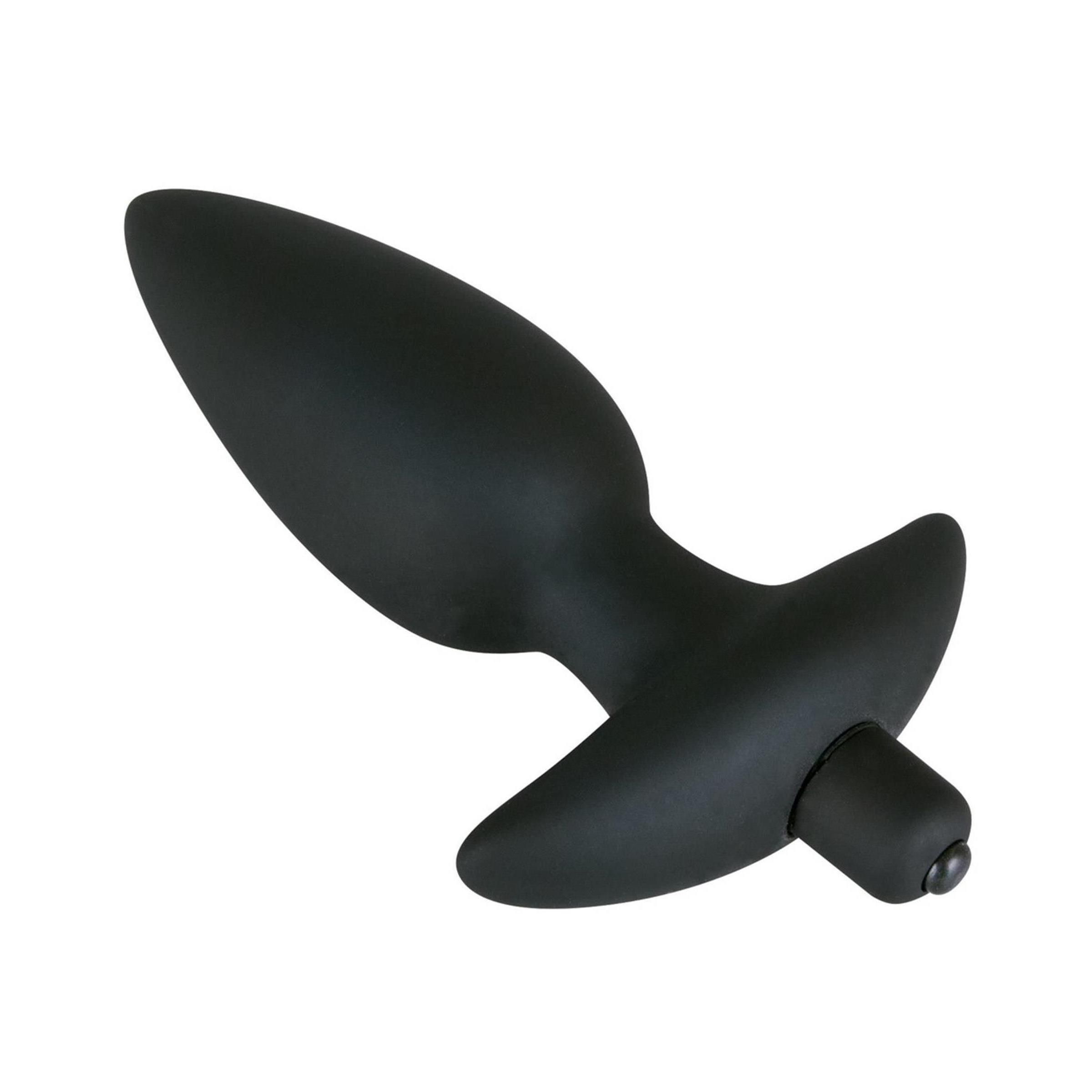 Plug anale nero, conico, con impugnatura a T e base. Vista prospettica.