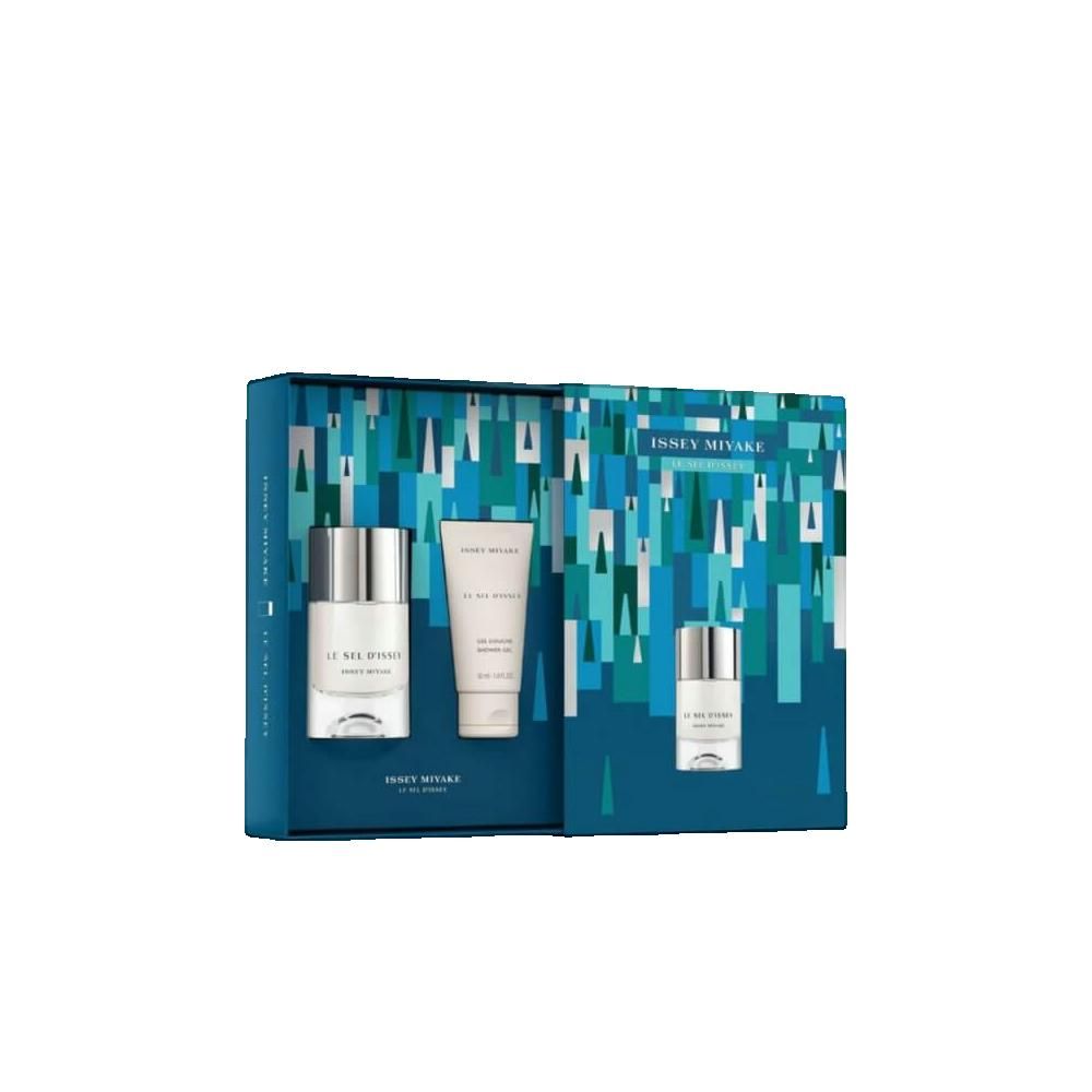 Set regalo con flacone, tubo e piccolo flacone. Confezione blu con design bianco e argento. Scritta: ISSEY MIYAKE.