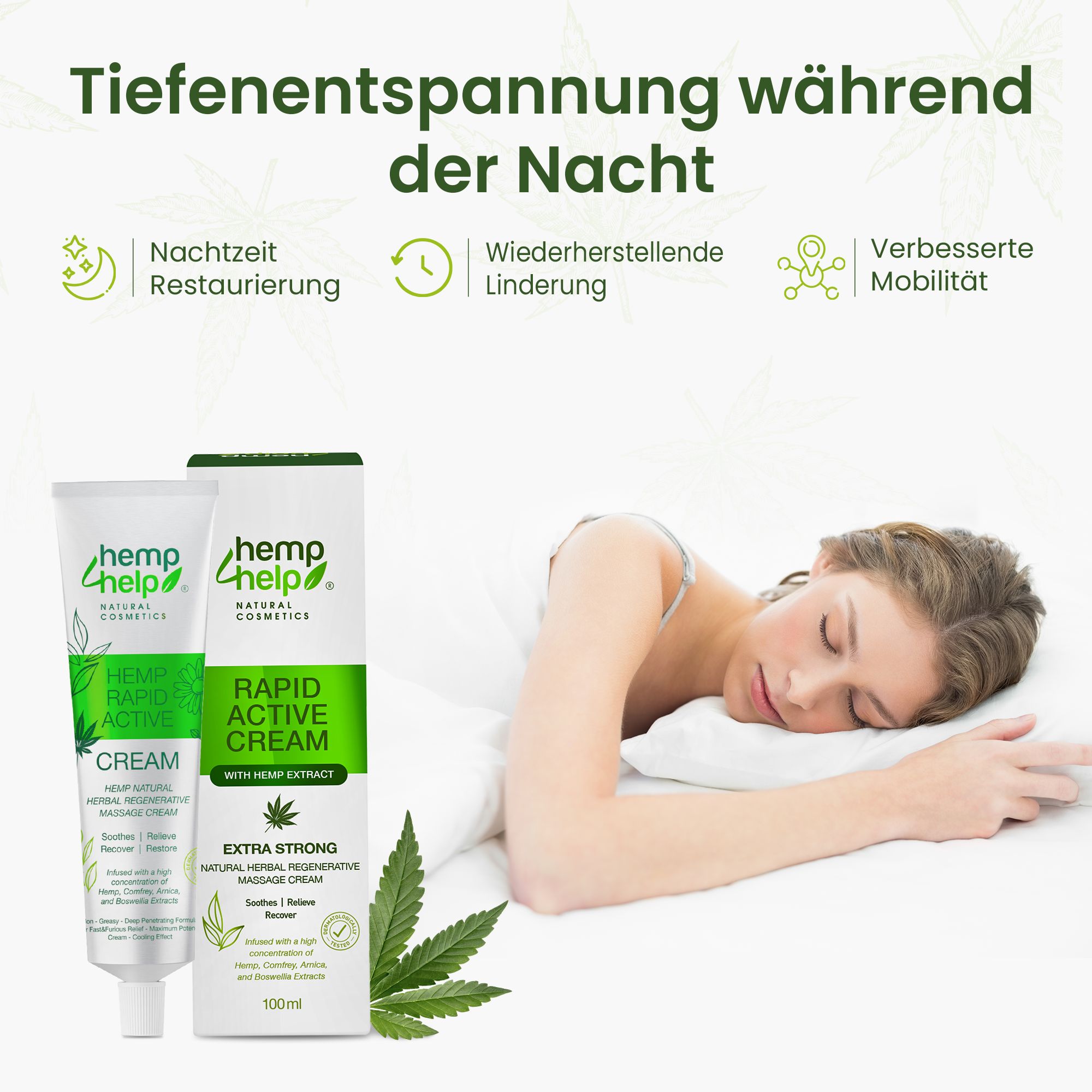 Tubo e confezione in cartone di crema Hemp+Help Rapid Active accanto a una donna che dorme.