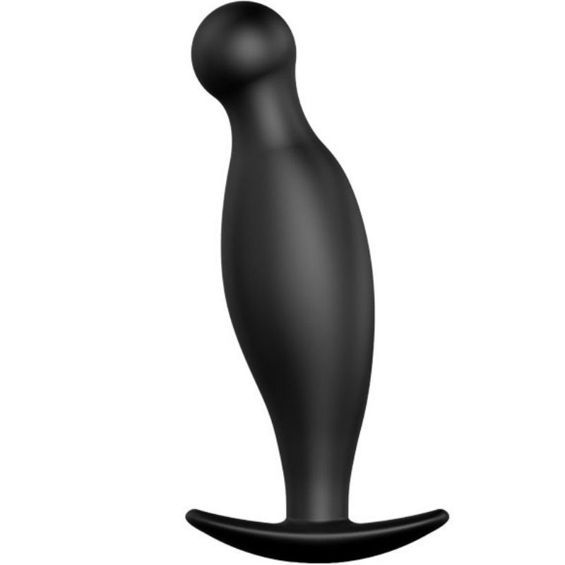Plug in silicone nero con estremità sferica e base larga, visto di lato.