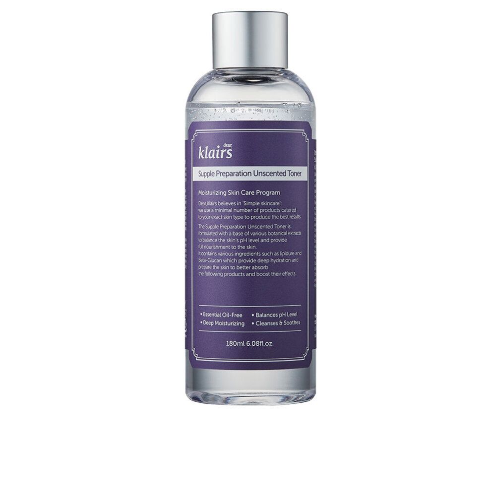 Flacone trasparente con tappo argentato ed etichetta viola. Testo: Dear Klairs Supple Preparation Unscented Toner. 180 ml.