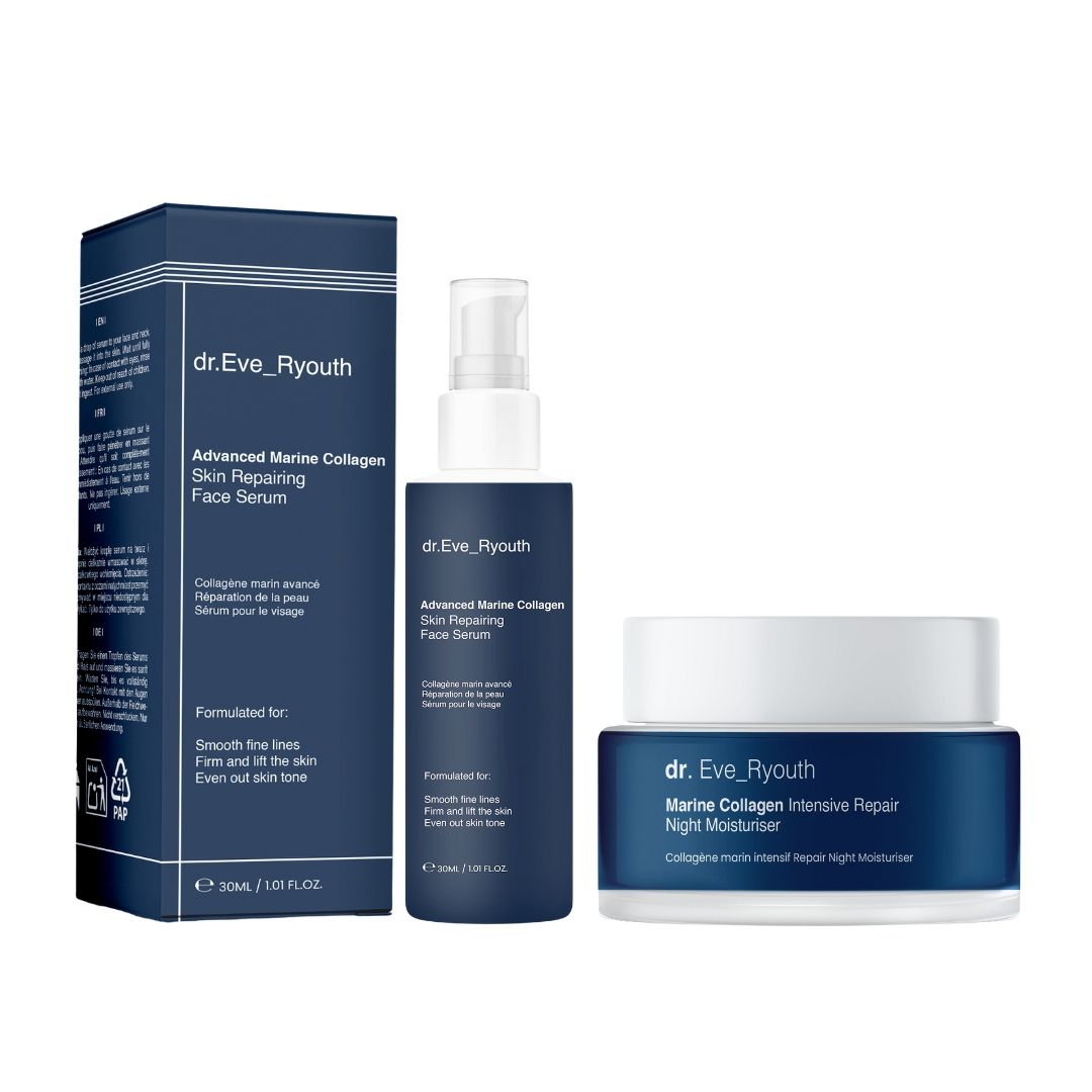 Tre prodotti: siero, crema notte e scatola. Confezione blu con testo bianco. Visibili "dr.Eve_Ryouth" e "Marine Collagen".