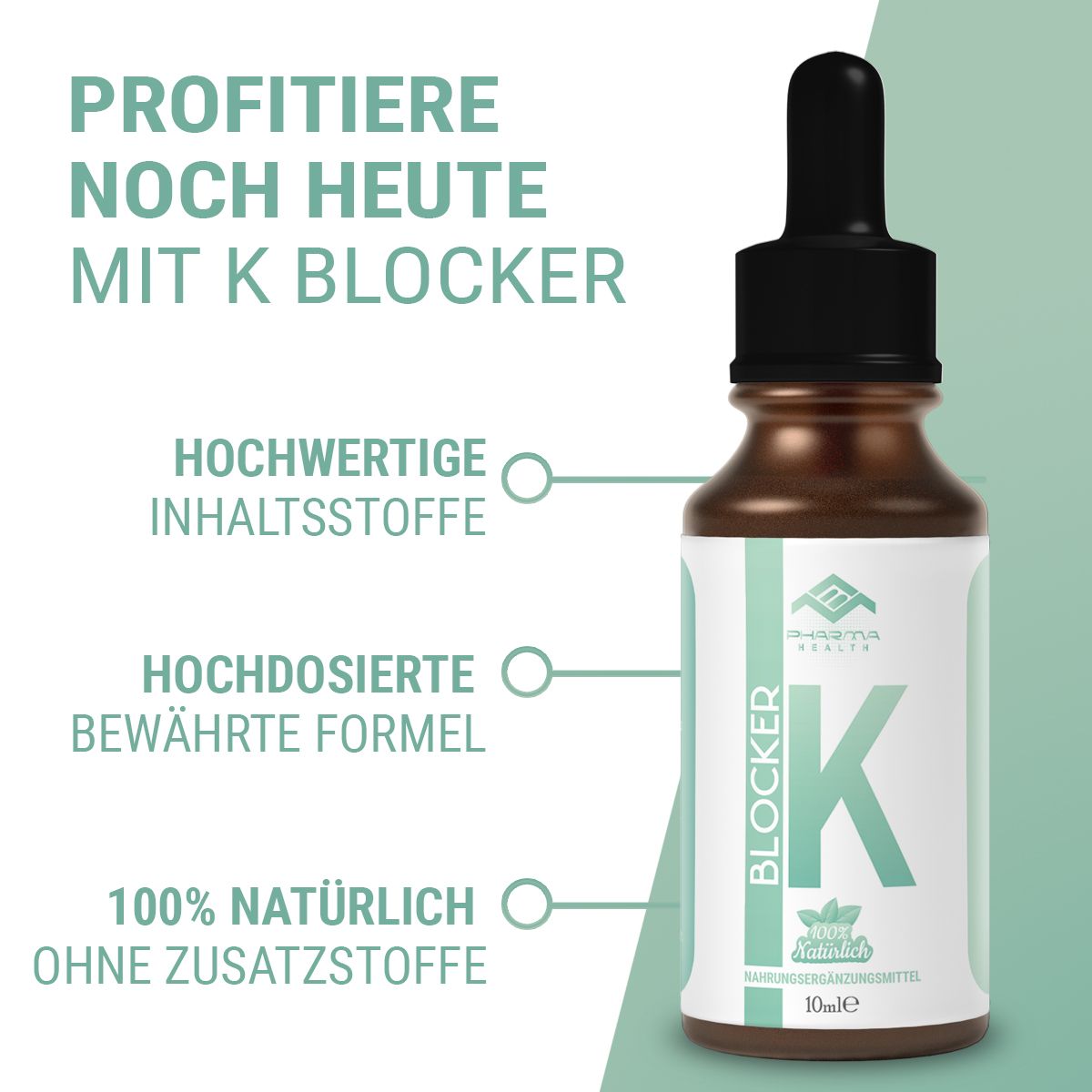 Flacone con contagocce e testo: Approfitta oggi stesso con K Blocker. Testo: Ingredienti di alta qualità, formula comprovata ad alto dosaggio, 100% naturale.