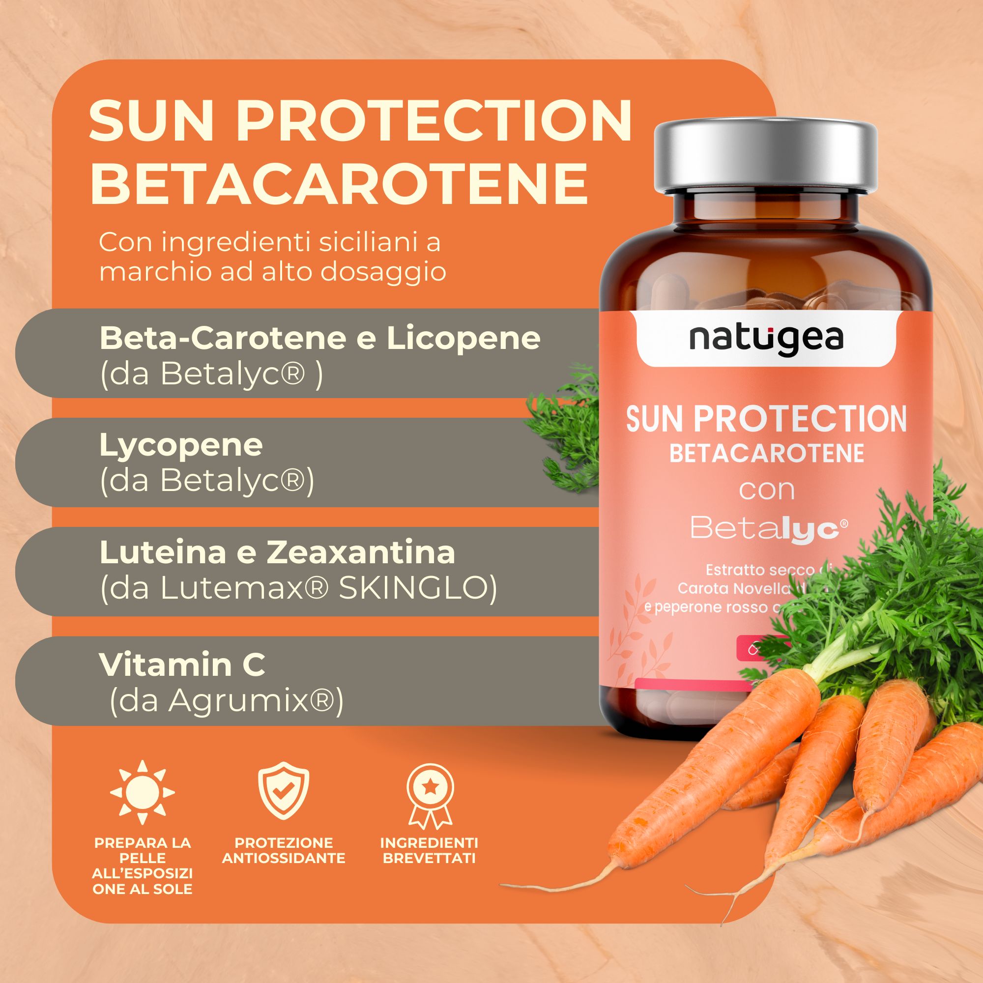 Betacarotene con Betalyc estratto secco da carote e peperoni siciliani - Sunprotection - natugea®
