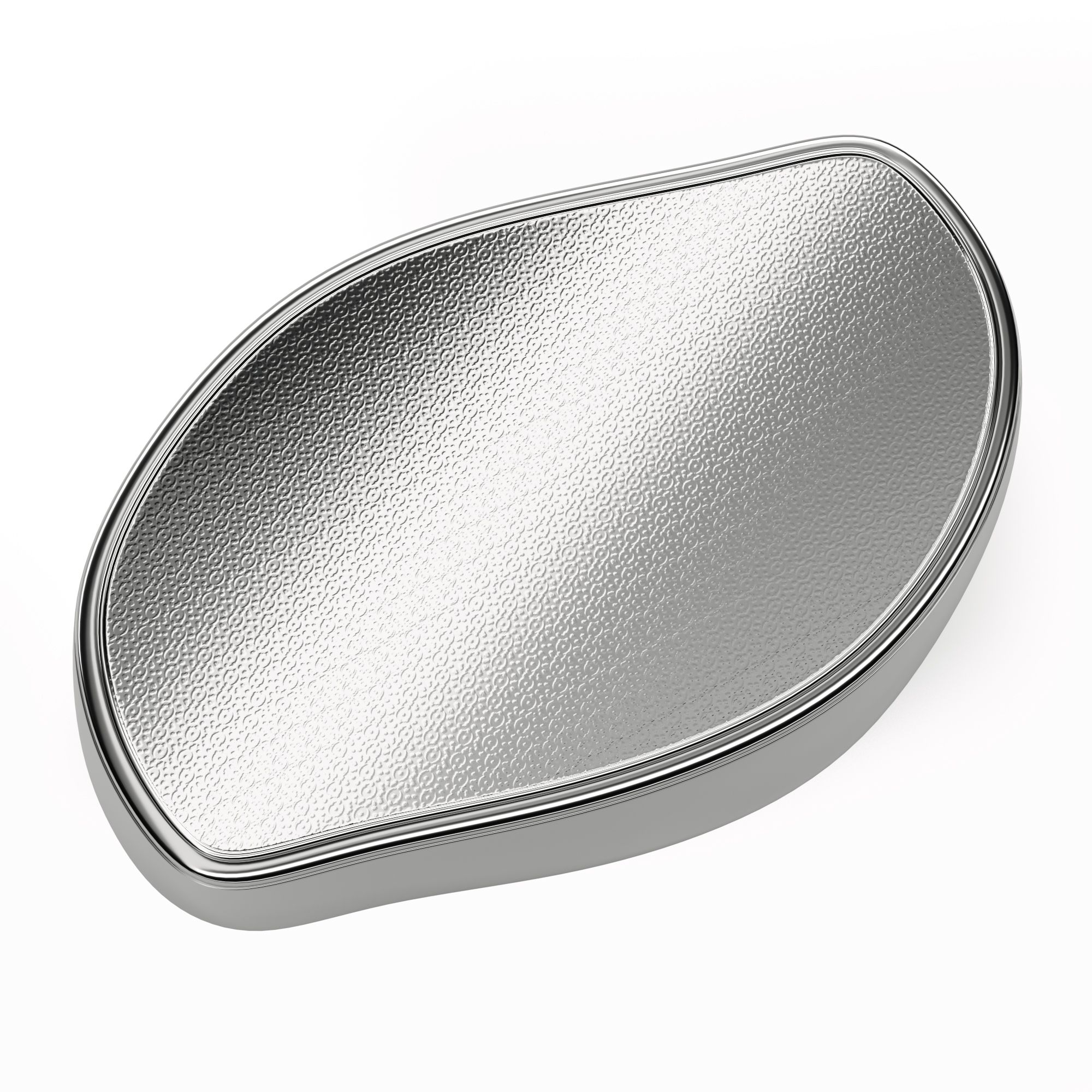 Esfoliante per piedi argentato. Forma ovale con superficie strutturata e bordo argentato.