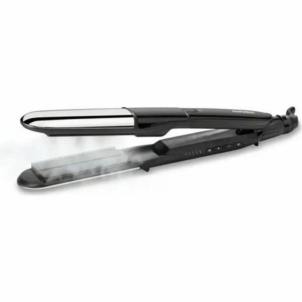 BaByliss Steam Shine Styler, nero. Piastra superiore lucida, piastra inferiore con pettine. Vapore visibile.