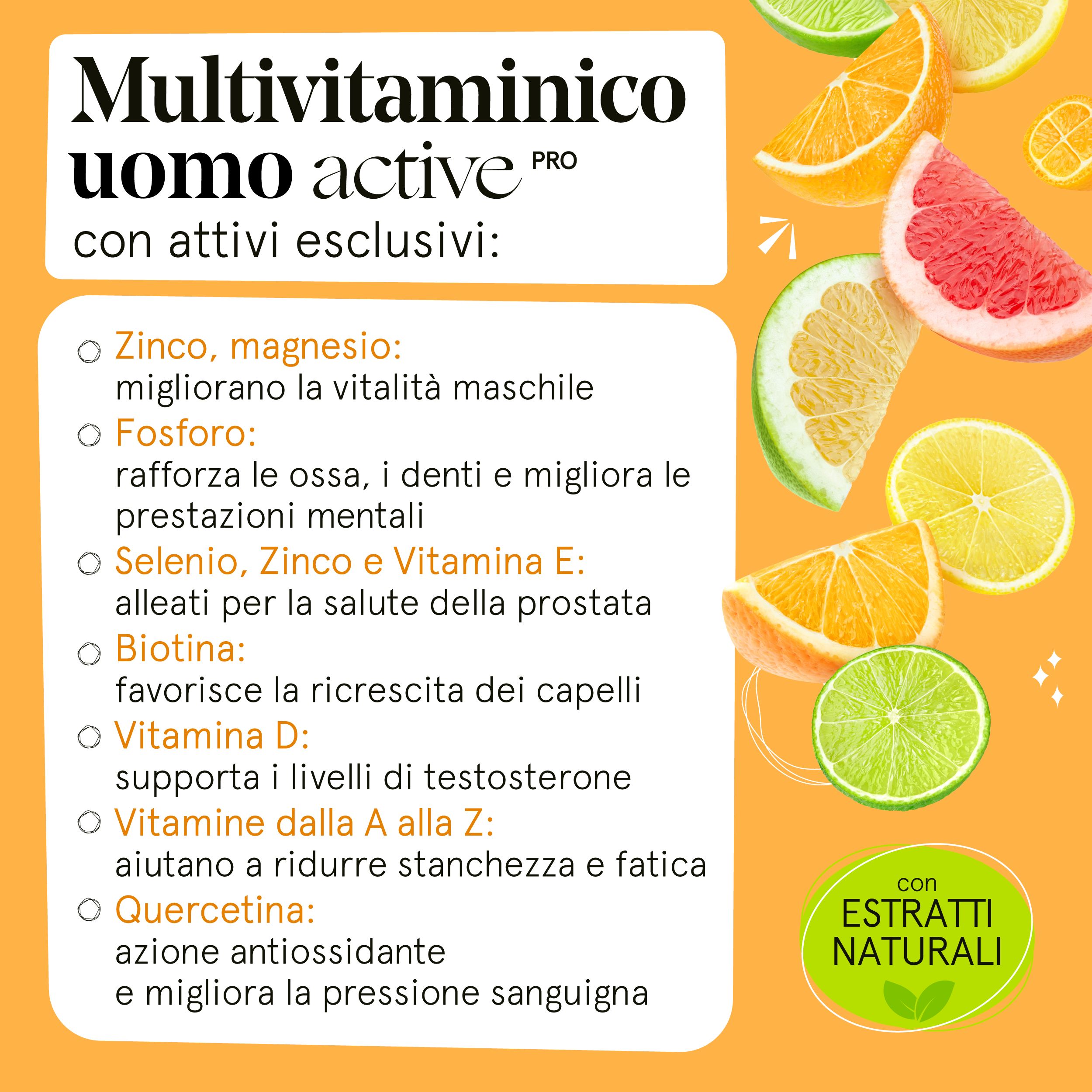 Sfondo giallo con frutta e testo. 'Multivitaminico uomo active PRO' con ingredienti: zinco, magnesio, selenio, ecc.
