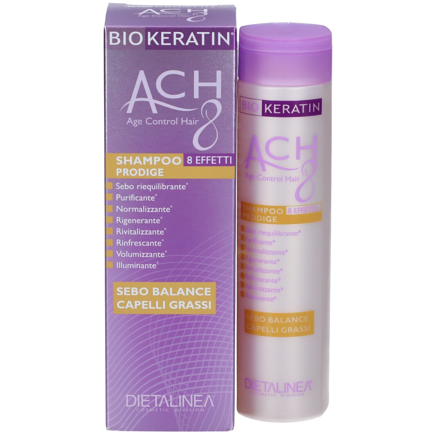 Confezione e flacone. Scritta: ACH 8, Shampoo Prodige, Sebo Balance Capelli Grassi. Marchio: Dietalinea.
