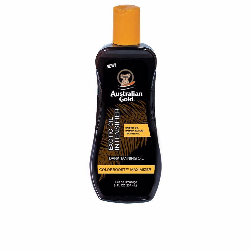 Flacone marrone con erogatore spray giallo. Scritta: Exotic Oil Intensifier, Australian Gold. Con logo.