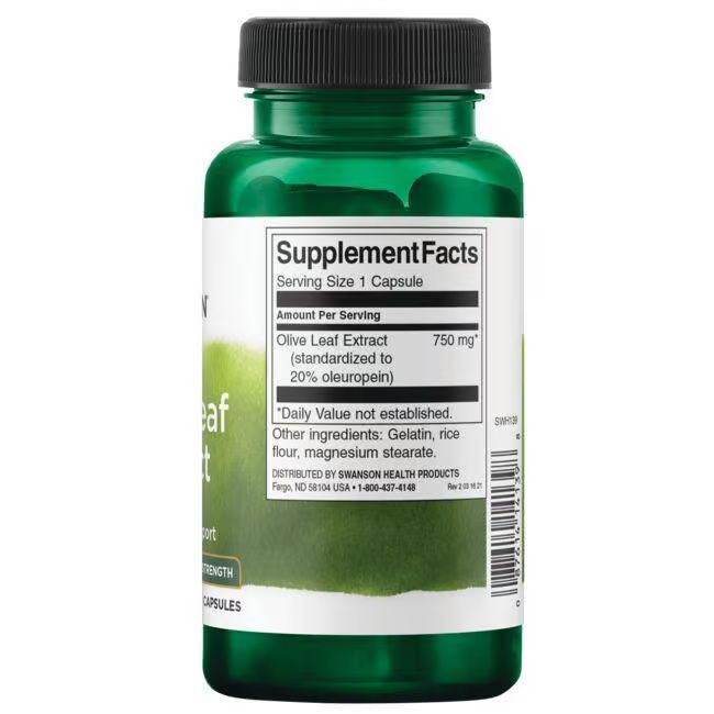 Retro di un flacone verde. Scritta: Supplement Facts. Contiene estratto di foglie di olivo 750 mg.