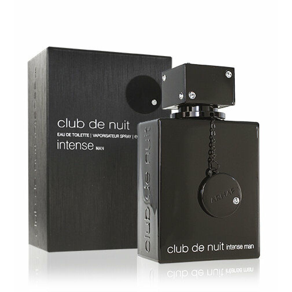 Flacone e scatola neri. Scritta: Club de Nuit Intense Man. Flacone con tappo quadrato.