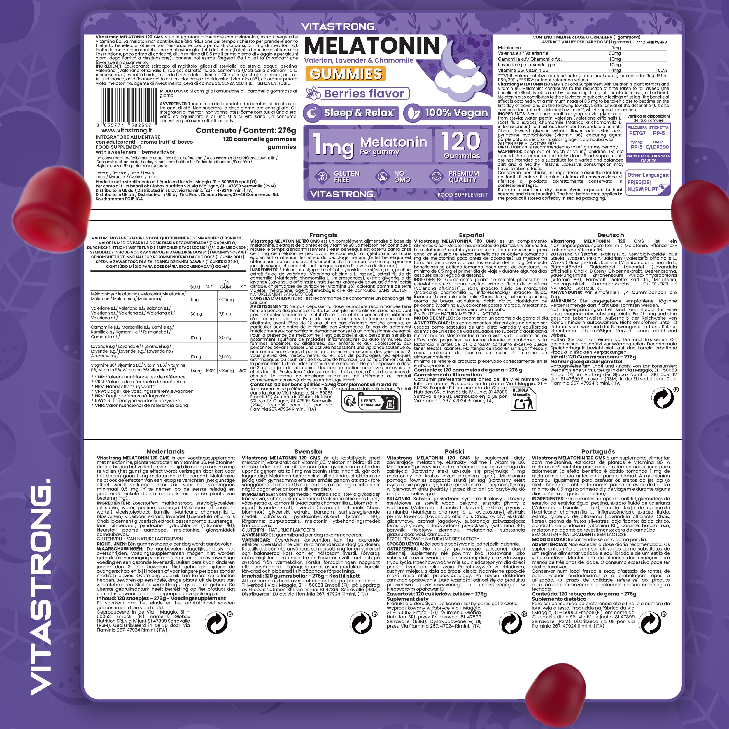 Confezione di Melatonin GUMMOSE. Testo: Melatonin, 1mg, 120 caramelle gommose. Gusto frutti di bosco. 100% vegano.