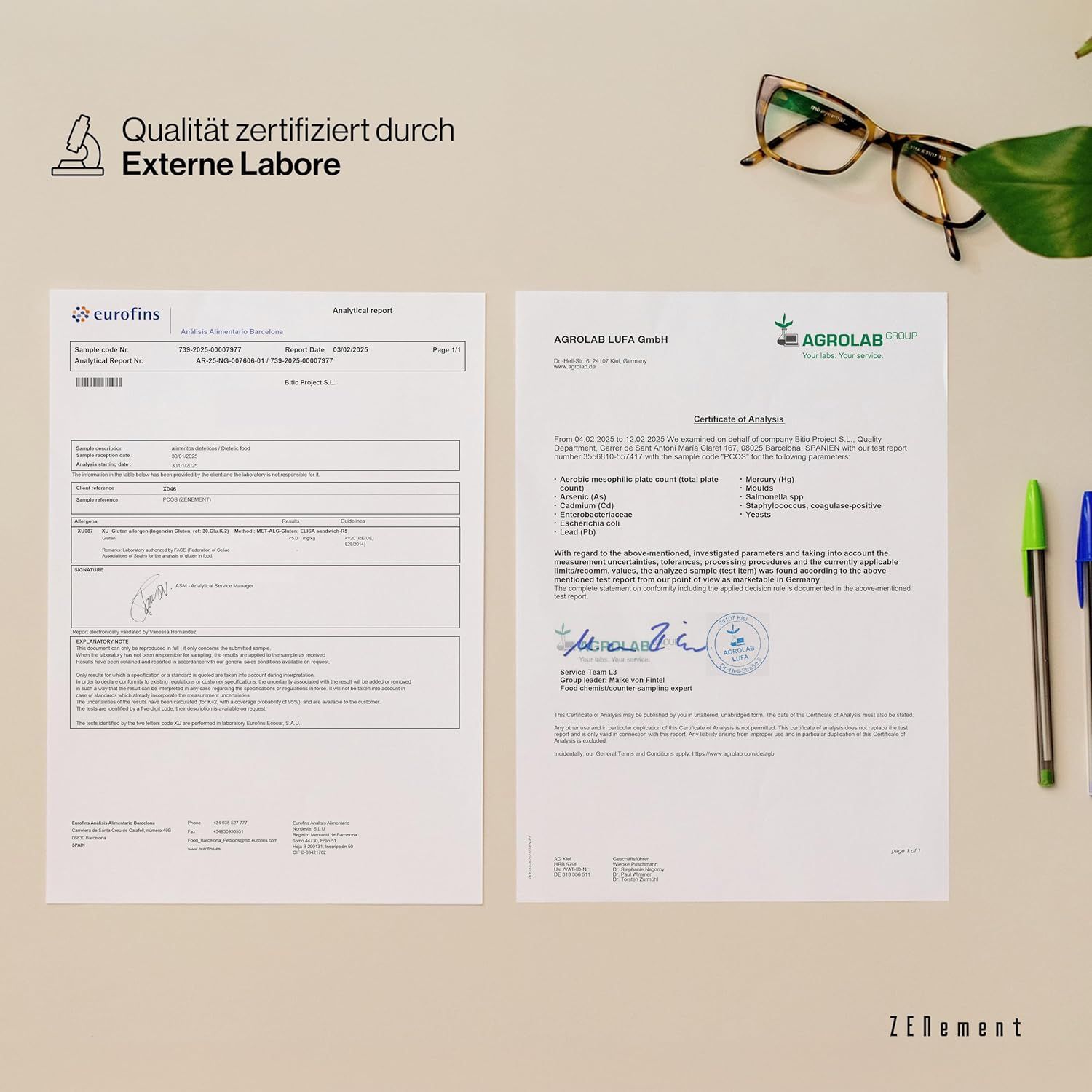 Rapporti di certificazione di Eurofins e Agrolab. Penne e occhiali accanto. Marchio: Zenement.