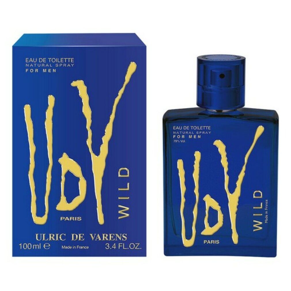 Flacone di profumo blu e scatola con scritta gialla 'VDY WILD' e 'ULRIC DE VARENS'.