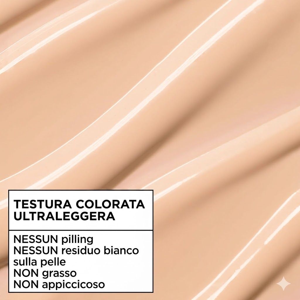 Texture colorata. Testo: Texture colorata ultraleggera. Nessun pilling, nessun residuo bianco, non grasso, non appiccicoso.
